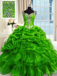 Green Ball Gowns Beading and Ruffles and Pick Ups Quinceanera Dress Lace Up Organza Sleeveless Floor Length