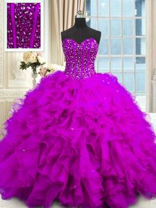 Simple Purple Sleeveless Beading and Ruffles and Sequins Floor Length Damas Dress