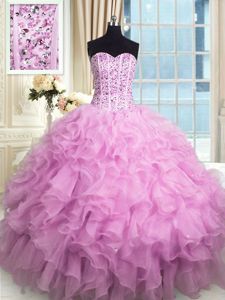 Most Popular Sleeveless Floor Length Beading and Ruffles and Sequins Lace Up Vestidos de Quinceanera with Lilac