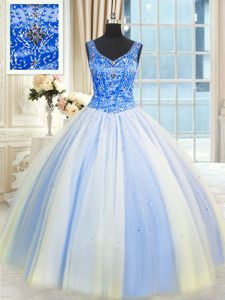 Suitable Beading and Sequins Quince Ball Gowns Blue And White Lace Up Sleeveless Floor Length