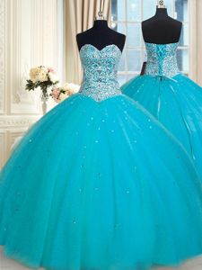 Aqua Blue Tulle Lace Up Sweet 16 Dresses Sleeveless Floor Length Beading and Sequins