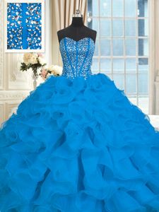 Dynamic Blue Sleeveless Organza Brush Train Lace Up Sweet 16 Dresses for Military Ball and Sweet 16 and Quinceanera