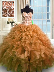 High Quality Brown Sleeveless Organza Lace Up Sweet 16 Dress for Military Ball and Sweet 16 and Quinceanera