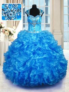 Super Straps Cap Sleeves Quince Ball Gowns Floor Length Beading and Ruffles Baby Blue Organza