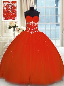 Fantastic Sleeveless Tulle Floor Length Lace Up Quinceanera Dress in Red for with Appliques