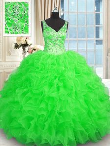 Ideal Green Organza Zipper Quinceanera Gowns Sleeveless Floor Length Beading and Ruffles