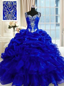 Romantic Royal Blue Organza Lace Up Straps Sleeveless Floor Length Ball Gown Prom Dress Beading and Ruffles and Pick Ups