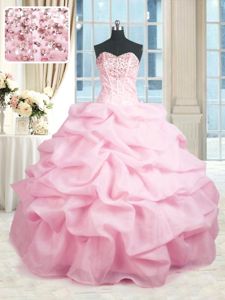 Sleeveless Floor Length Beading and Ruffles Lace Up Ball Gown Prom Dress with Pink