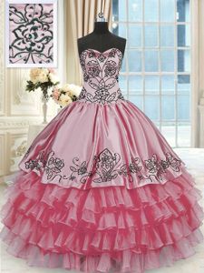 Ruffled Ball Gowns 15th Birthday Dress Rose Pink Sweetheart Organza and Taffeta Sleeveless Floor Length Lace Up