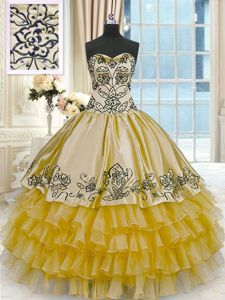 Cute Organza and Taffeta Sweetheart Sleeveless Lace Up Beading and Embroidery and Ruffled Layers Quinceanera Dresses in Gold