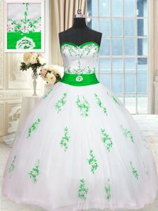 Captivating Floor Length Lace Up Ball Gown Prom Dress White and In for Military Ball and Sweet 16 and Quinceanera with Appliques and Belt