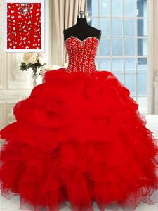 Wine Red Sweetheart Lace Up Beading and Ruffles Quinceanera Gown Sleeveless