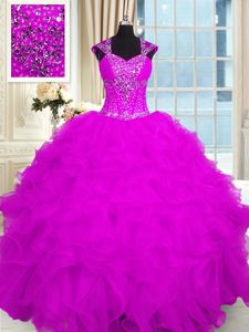 Fuchsia Sweet 16 Dress Military Ball and Sweet 16 and Quinceanera and For with Beading and Ruffles Straps Cap Sleeves Lace Up