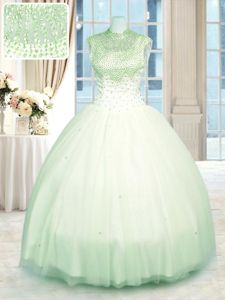 Delicate Green Tulle Zipper High-neck Sleeveless Floor Length Ball Gown Prom Dress Beading