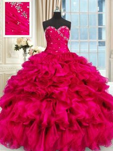 Smart Hot Pink Sweetheart Neckline Beading and Ruffles Quinceanera Court Dresses Sleeveless Lace Up