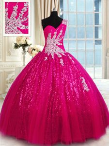 Trendy Tulle and Sequined One Shoulder Sleeveless Lace Up Appliques Quinceanera Dress in Hot Pink