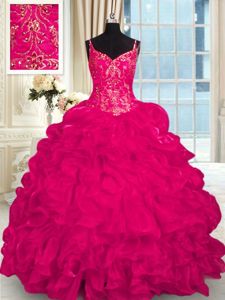 Cute Fuchsia Lace Up Quinceanera Dress Beading and Sequins Sleeveless Floor Length