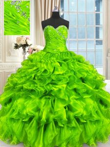 Sweetheart Sleeveless Organza Quince Ball Gowns Beading and Ruffles and Ruching Lace Up