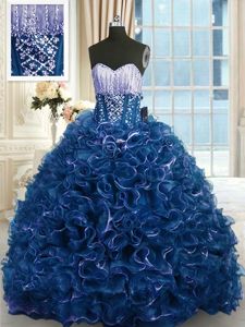 Navy Blue Sweetheart Neckline Beading and Ruffles Sweet 16 Quinceanera Dress Sleeveless Lace Up