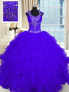 Eye-catching Ball Gowns Ball Gown Prom Dress Purple Straps Organza Cap Sleeves Floor Length Lace Up