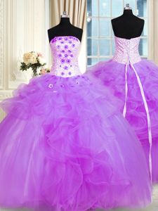 Pretty Purple Strapless Lace Up Pick Ups and Hand Made Flower Dama Dress for Quinceanera Sleeveless