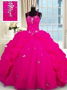 Most Popular Sleeveless Organza Floor Length Lace Up Quinceanera Dresses in Hot Pink for with Embroidery and Ruffles