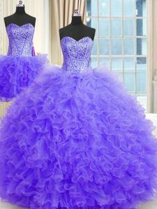 Fancy Three Piece Tulle Strapless Sleeveless Lace Up Beading and Ruffles Quinceanera Gown in Lavender
