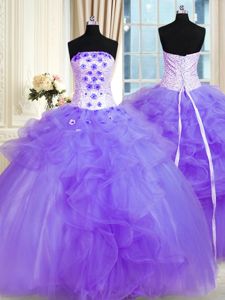 Fantastic Sleeveless Tulle Floor Length Lace Up Vestidos de Quinceanera in Lavender for with Pick Ups and Hand Made Flower