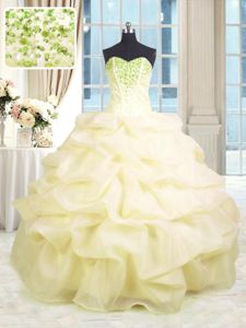 Suitable Light Yellow Ball Gowns Sweetheart Sleeveless Organza Floor Length Lace Up Beading and Ruffles 15 Quinceanera Dress