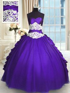 Purple Sleeveless Beading and Lace and Appliques and Ruching and Pick Ups Floor Length Vestidos de Damas