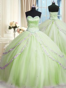 With Train Ball Gowns Sleeveless Yellow Green Quince Ball Gowns Court Train Lace Up