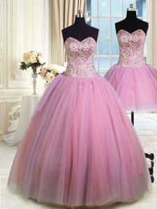 Dynamic Three Piece Sweetheart Sleeveless Tulle Sweet 16 Dress Beading Lace Up