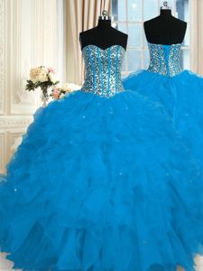 Sweet Blue Sleeveless Floor Length Beading and Ruffles Lace Up Vestidos de Damas