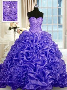 Low Price Beading and Pick Ups Sweet 16 Dress Purple Lace Up Sleeveless Sweep Train