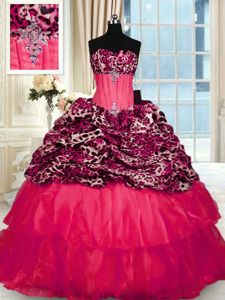 Admirable Printed Red Strapless Lace Up Beading and Ruffled Layers Ball Gown Prom Dress Sweep Train Sleeveless