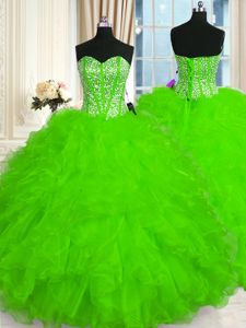 Hot Sale Ball Gowns Sweetheart Sleeveless Organza Floor Length Lace Up Beading and Ruffles Quinceanera Dresses