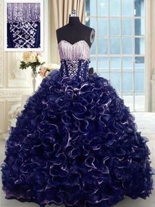 Sleeveless Brush Train Lace Up With Train Beading and Ruffles Sweet 16 Dress