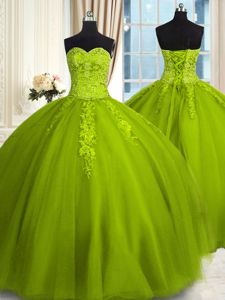 Sweetheart Sleeveless Lace Up Quinceanera Dress Olive Green Tulle