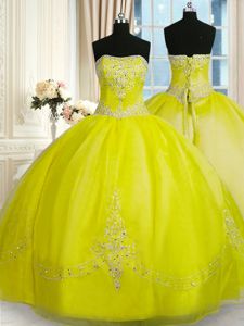 Unique Floor Length Yellow Green Quinceanera Gown Strapless Sleeveless Lace Up