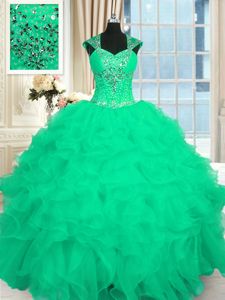 Glamorous Cap Sleeves Lace Up Floor Length Beading and Ruffles and Pattern Quinceanera Gown