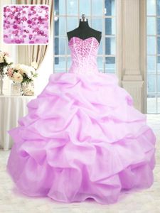 Glamorous Lilac Organza Lace Up Sweetheart Sleeveless Floor Length Sweet 16 Dresses Beading and Ruffles