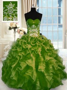 Olive Green Sweetheart Neckline Beading and Ruffles Quinceanera Gowns Sleeveless Lace Up