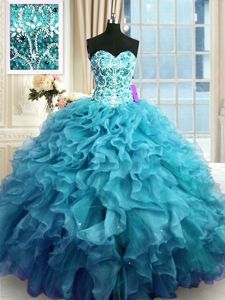 Sweetheart Sleeveless Lace Up Court Dresses for Sweet 16 Teal Organza