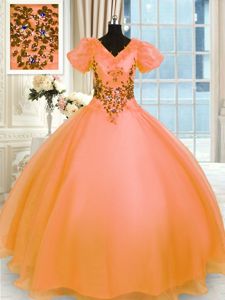 Decent Orange Ball Gowns Appliques Ball Gown Prom Dress Lace Up Organza Short Sleeves Floor Length