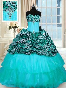 Fantastic Aqua Blue Ball Gowns Beading and Ruffled Layers 15th Birthday Dress Lace Up Organza and Printed Sleeveless