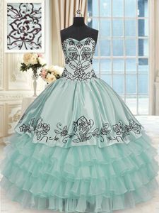 Colorful Apple Green Ball Gowns Sweetheart Sleeveless Organza and Taffeta Floor Length Lace Up Beading and Embroidery and Ruffled Layers Quinceanera Dress