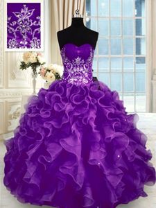 Purple Ball Gowns Organza Sweetheart Sleeveless Beading and Appliques and Ruffles Floor Length Lace Up 15th Birthday Dress