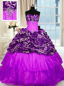 Custom Made Purple Ball Gowns Organza and Printed Strapless Sleeveless Beading and Ruffled Layers Lace Up Vestidos de Quinceanera Sweep Train