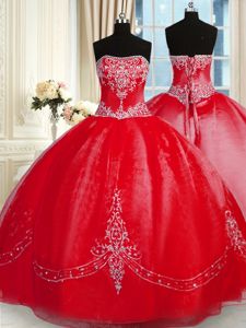 Elegant Red Sleeveless Floor Length Beading and Embroidery Lace Up Quinceanera Gowns