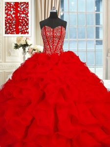 Super Red Ball Gowns Organza Sweetheart Sleeveless Beading and Ruffles With Train Lace Up Quinceanera Dresses Brush Train